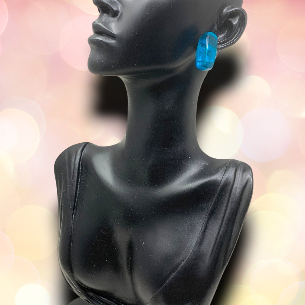 Vintage 1980s Blue Transparent Acrylic Faceted Jelly Clip On Earrings New Wave